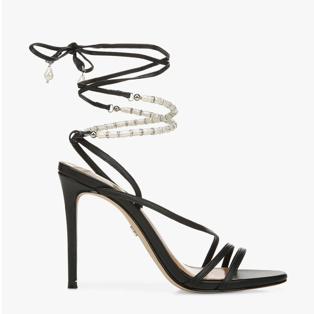 Sam Edelman Scarlette Leather Beaded Ankle Wrap Heels Black/Pearl Women's 9 M